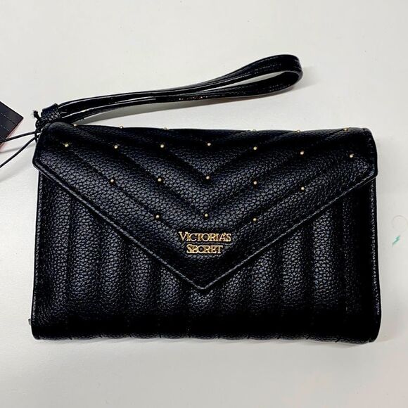 NEW Victoria's Secret V-Quilt Metallic Wallet w/ Wrist Strap black bag - Picture 1 of 7